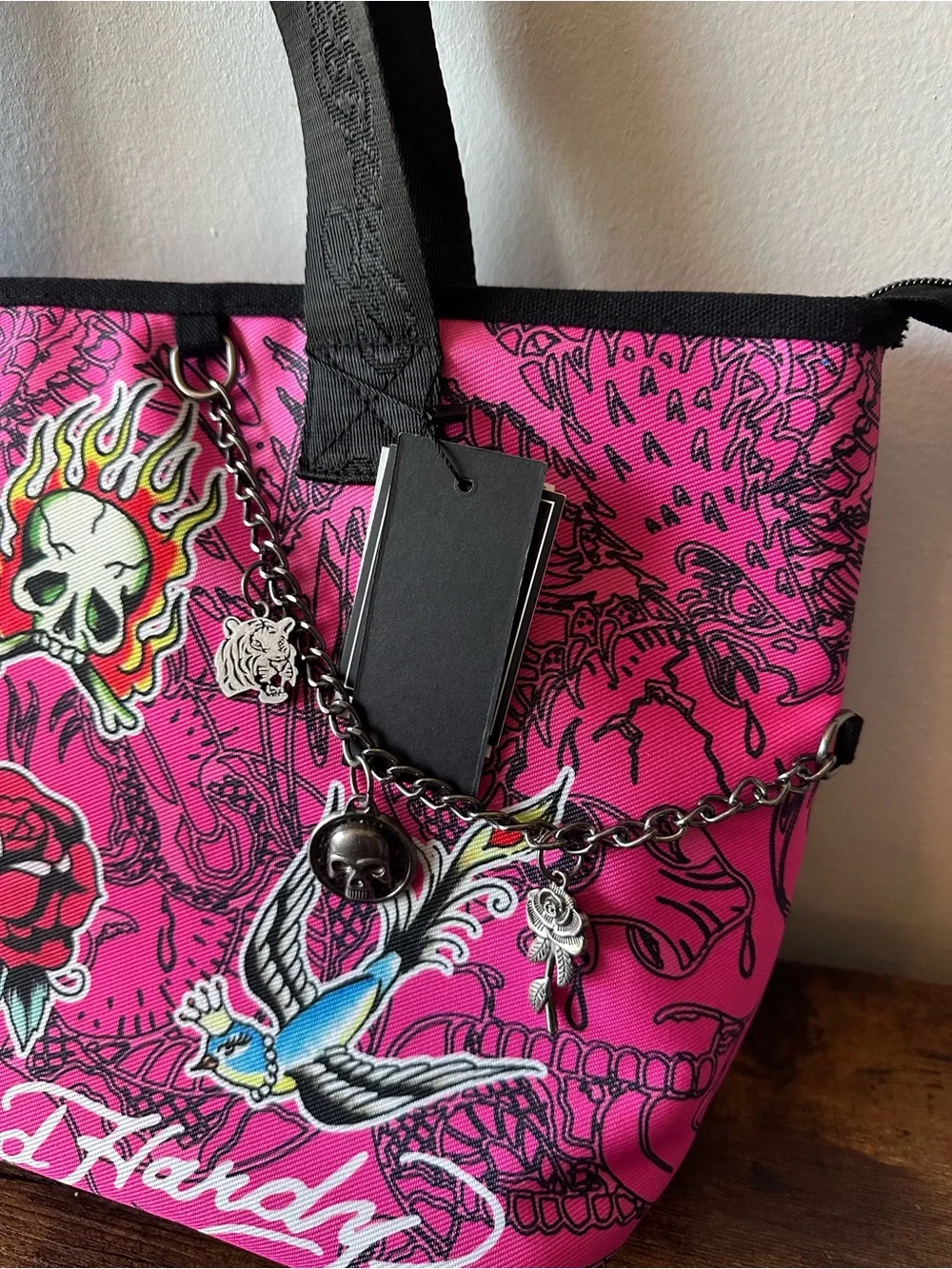 Ed Hardy Hot Pink Tattoo-Print Tote Bag with Charm Accents Large Capacity NWT - Picture 2 of 5